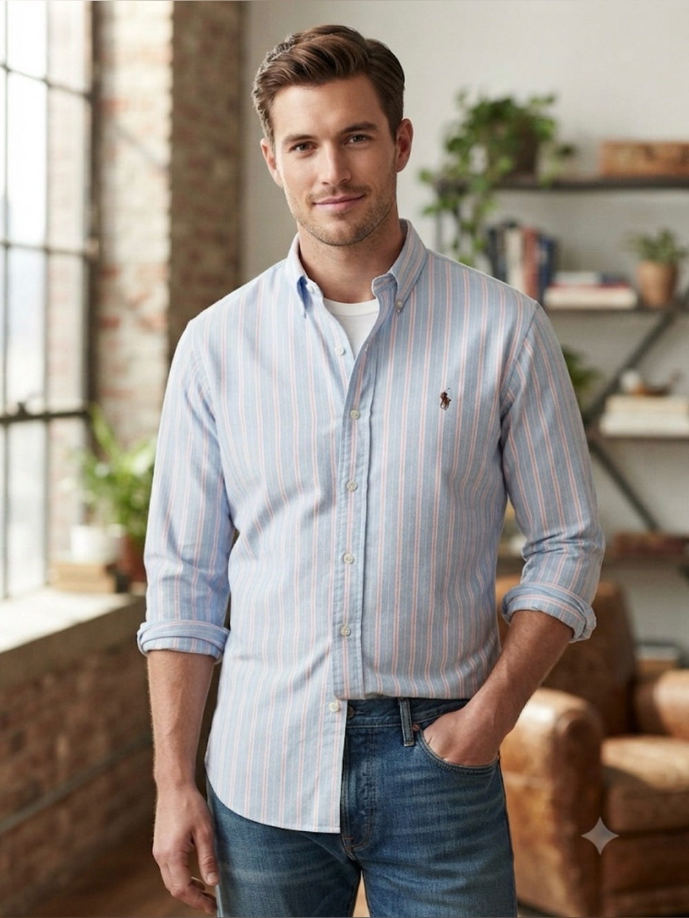 Vintage Ralph Lauren Chambray & Pink Stripe Cotton Button-Up Shirt